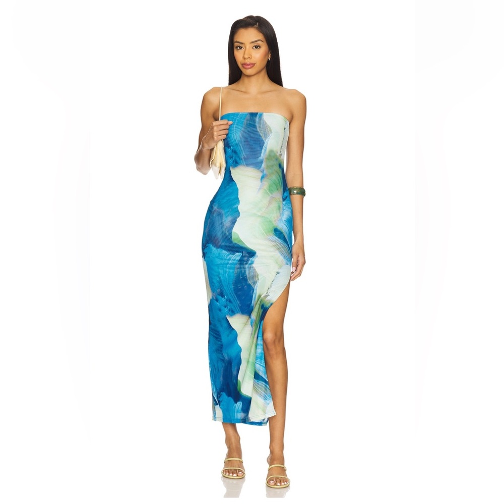 REVOLVE Blue Strapless Bodycon Dress with Slit